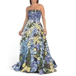 TERANI Blue Multi Strapless Mosaic Print Gown